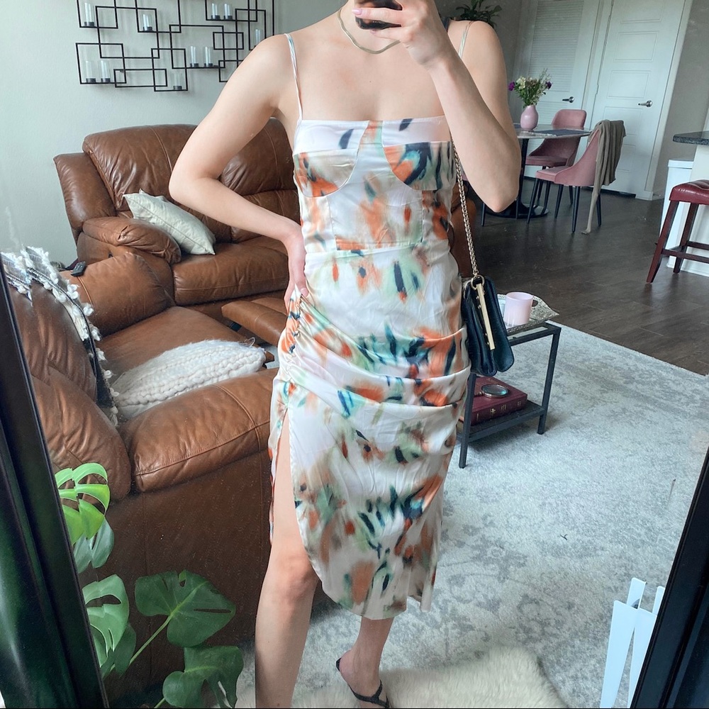 SHEIN MULTI COLORED DESIGNER LOOK WATERCOLOR SATIN RUCHE MIDI DRESS SM